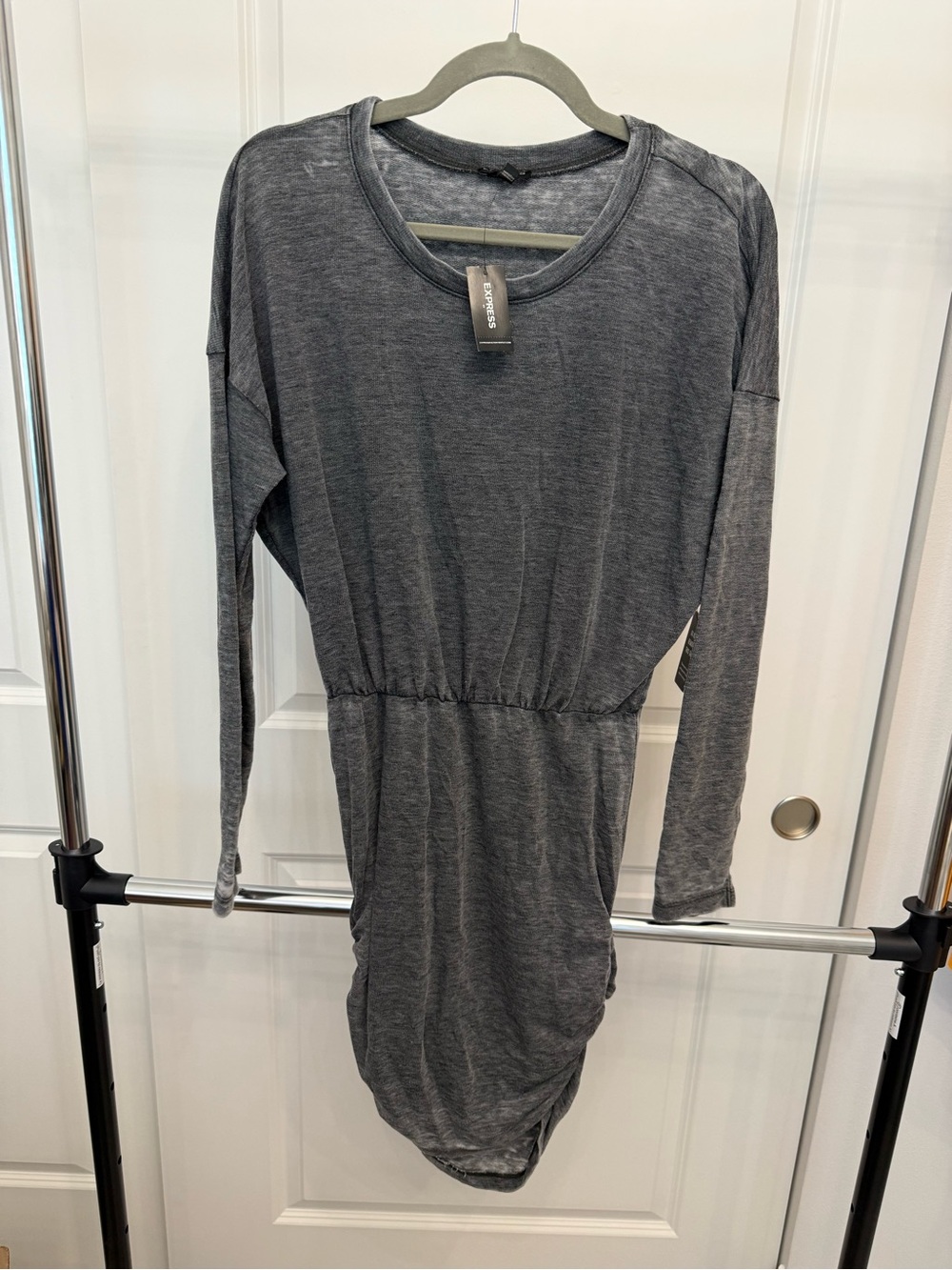 Express Casual Gray Long-Sleeve Gathered-Waist Dress